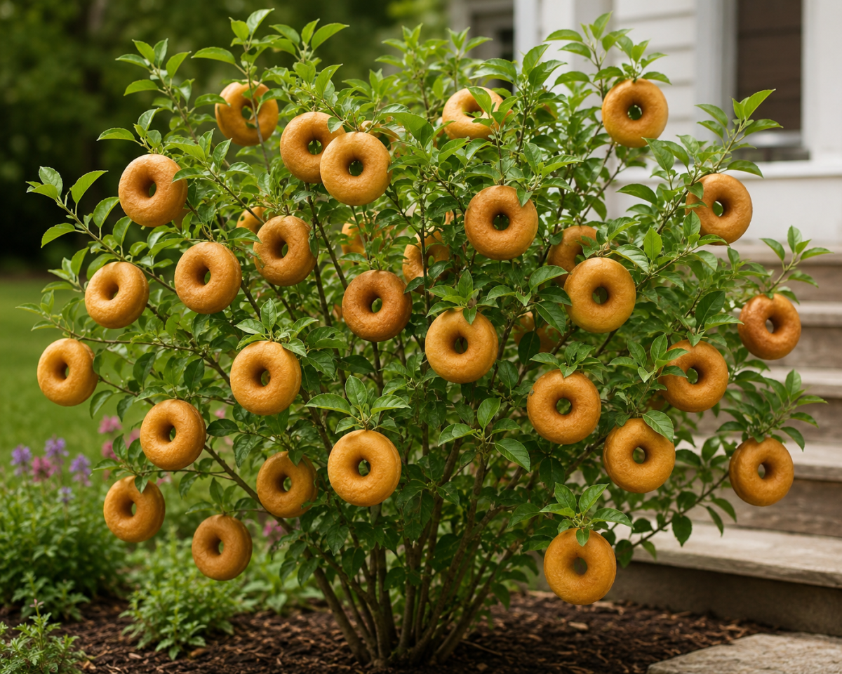 Photo of a shrub with cake donuts growing on it