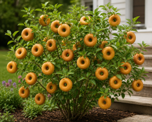 Photo of a shrub with cake donuts growing on it
